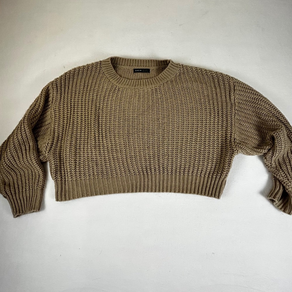 SHEIN Taupe Ribbed Knit Cropped Sweater‎ Long Sleeve Women's Size M